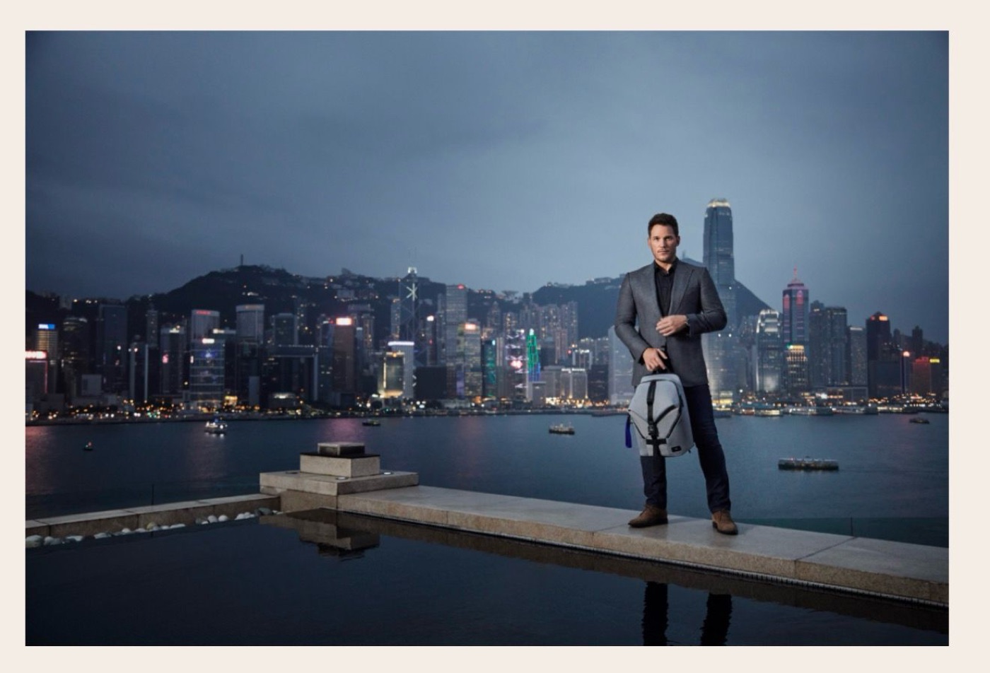 Chris Pratt for TUMI against the Hong Kong skyline