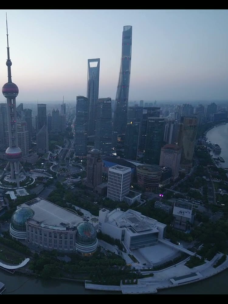The Oriental Pearl Tower and the Pudong skyline at dusk